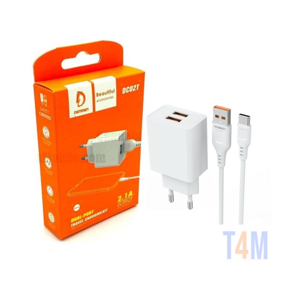 CHARGER ADAPTER DENMEN DC02T DUAL USB PORTS 2.4A WITH TYPE C USB CABLE WHITE